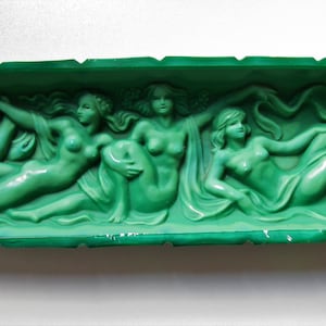 Rare Antique Malachite Jade Pressed glass Tray Czech/Bohemian Hoffmann/Schlevogt ART DECO Naked Nymphs 1930s