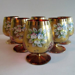 Vintage SET 6psc Czech/Bohemian Cranberry Glass Gilt BRANDY SNIFTERS Glasses Hand-Painted Glass 7.33 fl.oz #1