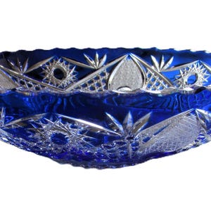Cuenco de cristal azul checo/bohemio cortado a transparente, centro de mesa, 11,2 pulgadas, perfecto estado