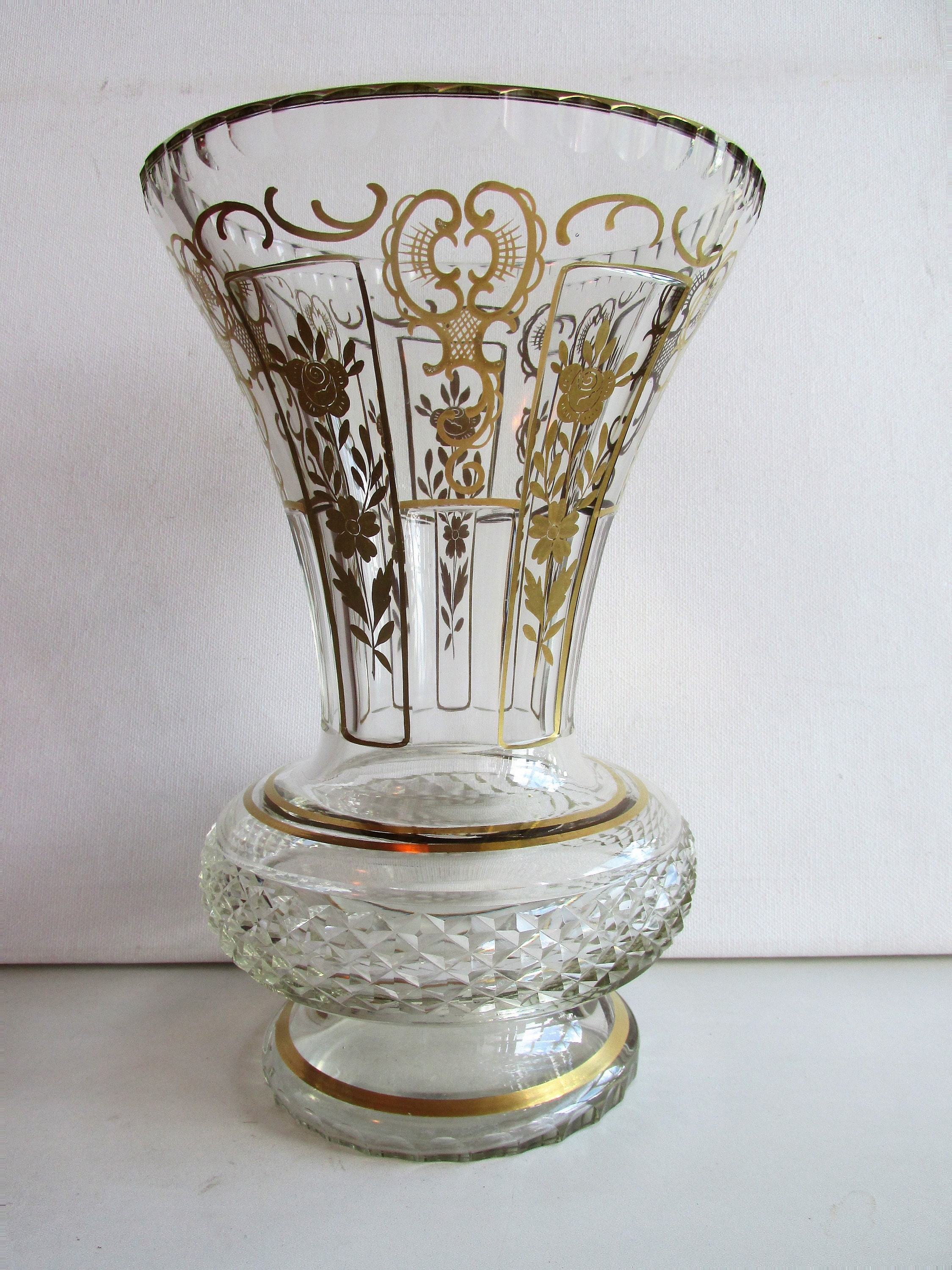 Antique/vintage Czech/bohemian Cut Glass VASE Gold Floral - Etsy