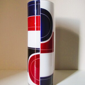 Vintage KARL PALDA style Bohemian Geometric Engraved Blue Red Milk Clear Glass VASE 11.8&quot; tall