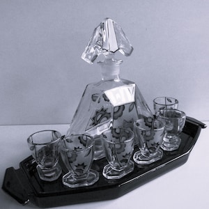 Antique Czech/Bohemian Glass Liquor Set Decanter Tumblers Black Tray Art Deco 1930s