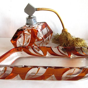 Karl Palda Art Deco Amber Cut To Clear Glass PERFUME BOTTLE Atomizer Glass Dauber TRAY For Comb Cubism Bohemian 1930s