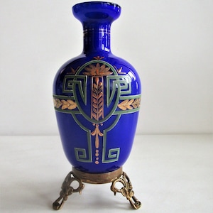 HARRACH Antique ART-DECO Czech/Bohemian Hand Painted Glass Vase 1910s Brass Base
