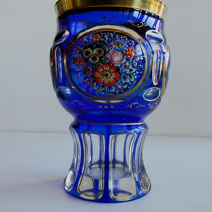Antique Bohemia/Austria Cobalt/Clear Glass Beaker Vase Hand-painted Flowers