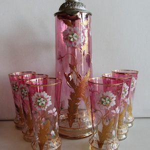Rare Jug Six glasses Antique Bohemian Art Nouveau Harrachov Hand-painted Glass 1880