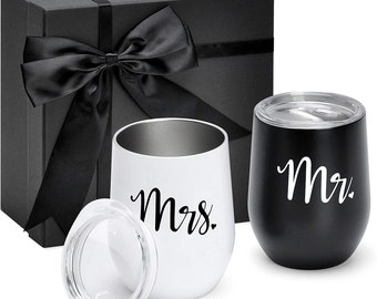 Mr and Mrs Wine Tumbler- Set of 2, 12 oz. Double Wall, Stainless Steel Insulated Travel Mugs- Bridal Shower, Wedding and Engagement Gift