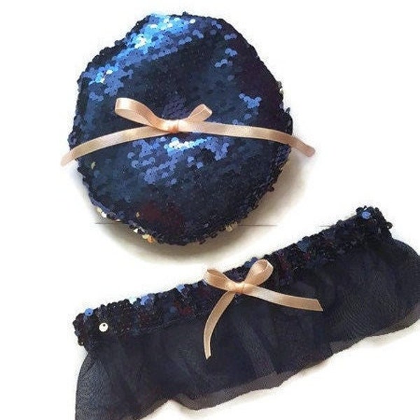 Wedding garter set with royal blue Bridal sequin garter and ring pillow navy blue garter