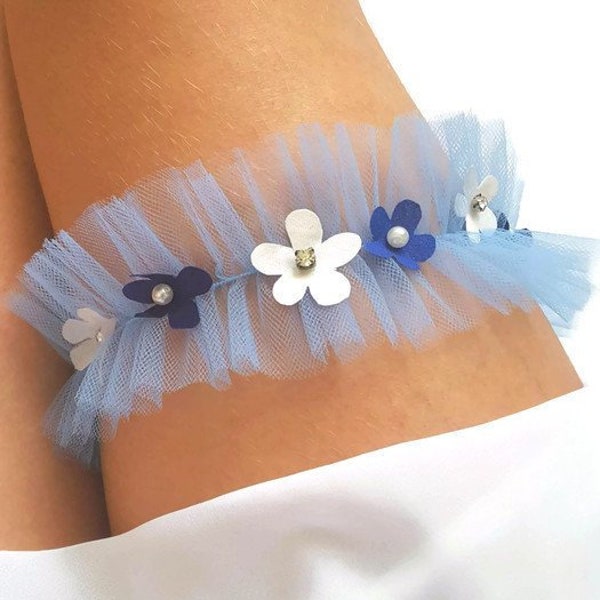 Tulle Garter For Wedding Something Blue Garter Light Blue Wedding Garter Tulle Bride Garter 3d Flowers Veil Garter With Pearls & Crystal