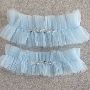 Crystal Bridal Garter Something Blue for Bride  Tulle Wedding Garter Set Crystal Garter Romantic Powder Wedding Garter
