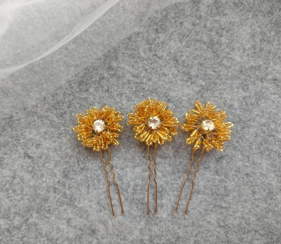 Golden Flower Hair Pin for Wedding, Beads Flower Head - Etsy display picture 1