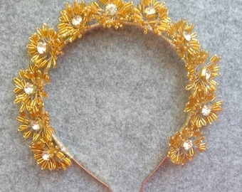 Golden wreath for bride hear for wedding  head beads flower with crystal