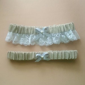 Rustic Wedding Garter Set, Autumn Wedding Linen Wedding Accessories  Something Blue For Wedding   Lace Garter Set With Blue Pearl Garter