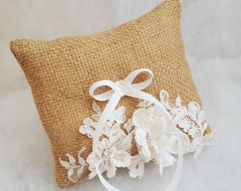Rustic wedding bearer ring pillow burlap rings pillow 3d flower lace ring pillow