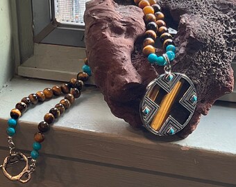 Collier oeil de tigre et turquoise : pendentif en argent sterling