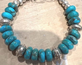 Kingman Turquoise Bracelet, Karen Hill Tribe Silver, Snake Hook Clasp