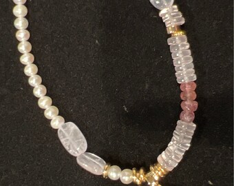 Rose Quartz Bracelet: Pearl, Vermeil, and Mother of Pearl Hamsa
