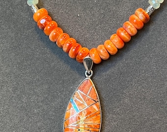 Orange Spiny Oyster Necklace: Ethiopian Opal, Hill Tribe Silver, Sterling Clasp