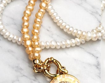 Freshwater Pearl Necklace: MOP Evil Eye Pendant, CZ Accents