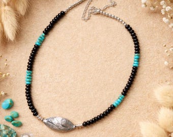Collier en argent sterling onyx turquoise, fermoir à perles focales Hill Tribe