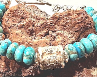 Kingman Turquoise Rondelle Bracelet, Karen Hill Tribe Silver, Boho Jewelry