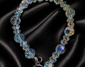 Swarovski Crystal Bracelet with Pale Blue Glass Heart   Carabiner Clasp