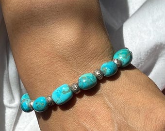 Kingman Turquoise Bracelet: Hill Tribe Silver, Sterling Clasp
