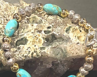 Kingman Turquoise Bracelet: Karen Hill Tribe Silver & Gold Filled