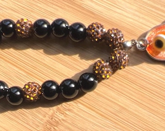 Onyx Evil Eye Bracelet: Hamsa Hand Charm, Amber CZ Balls