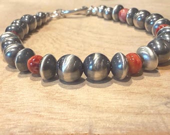 Bracelet Navajo jewelry,southwestern jewelry,made of sterling silver Navajo desert pearls and saucers, orange spiny oyster,sterling clasp