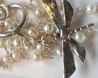 Freshwater Pearl Rosary Necklace: Sterling Silver Dragonfly Pendant