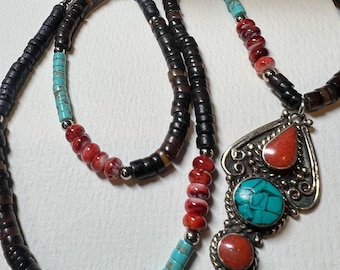 Collier vintage en argent sterling à pendentif turquoise : huître épineuse, coquille de noix de coco, turquoise