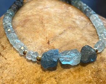 This gorgeous bracelet is made of aquamarine natural stones, the front of bracelet had large raw aqua marine nuggets
