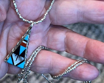 Zuni Inlaid Sterling Silver Pendant Necklace: Coral, Turquoise, MOP