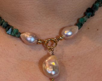 Raw Emerald and Baroque Pearl Necklace, Gold Filled Clasp