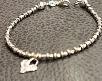 Handmade Karen Hill Tribe Silver Bracelet: Heart Charm, Sterling lobster claw clasp, Artisan Jewelry