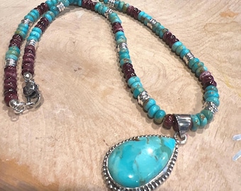 Collier Kingman turquoise avec pendentif kingman, huître épineuse, argent sterling, 39,5 pouces