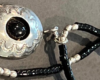 Black Onyx Heishi Bead Necklace: Vintage Sterling Silver Pendant