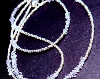Tiny Faceted Pure Silver Beads Necklace with Herkimer Diamond Quartz Clasp