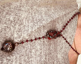 Red Beaded Necklace: Snake Wrapped Cylinder Pendant, Kasumi Pearl