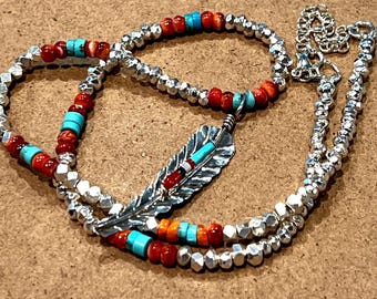 Karen Hill Tribe Silver Nugget Necklace: Turquoise Spiny Oyster Feather Pendant F. Barney Artisan