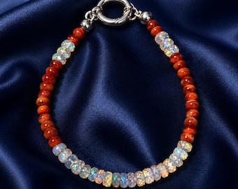 Ruby Red Spiny Oyster & Opal Bracelet: Sterling Silver Clasp