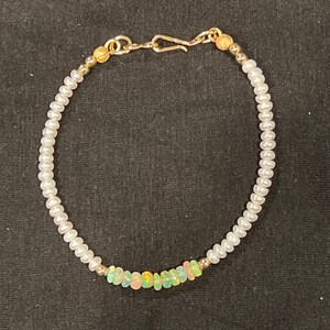 Ethiopian Welo Opal Bracelet: Freshwater Pearl, 14k Gold Filled - 6.5&quot;