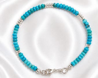 Kingman Turquoise Sterling Silver Bracelet, Dainty Beaded Jewelry