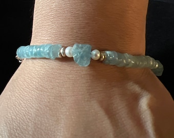 Aquamarine Heishi Bead Bracelet: Pearl & Sterling Silver Accents