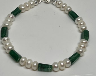 Freshwater Pearl Bracelet with Green Cylinder Beads, Sterling Silver Clasp