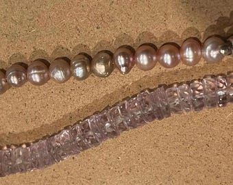Rose Quartz & Pearl Bracelet: Mauve Freshwater Pearls, CZ Initial Charm