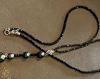 Onyx Bead Necklace: Sterling Silver Clasp, Peacock Pearl Pendant