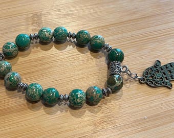 Sea Sediment Stone Bracelet: Hamsa Hand Charm, Evil Eye Protection