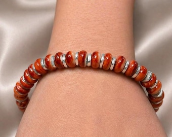 Red Spiny Oyster and Karen Hill Tribe Silver Bracelet, Ethnic Jewelry